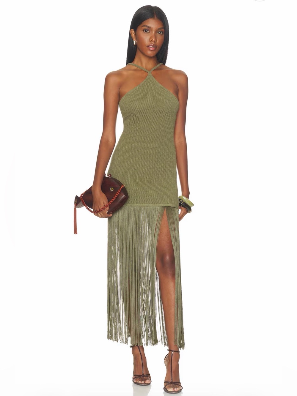 Lovers + Friends Olive Alia Halter Fringe Maxi Dress